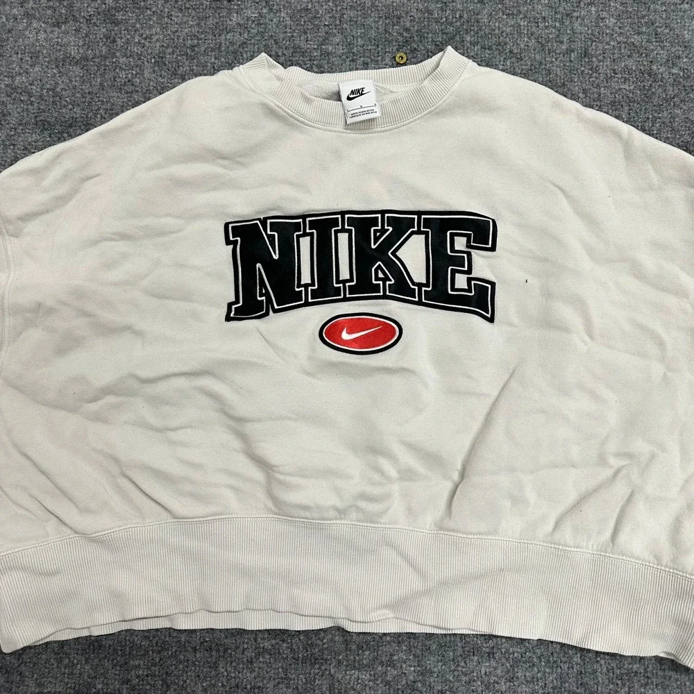 Nike Sweatshirt Womens Size L Cream Cropped Spellout Embroidered Fleece Pullover